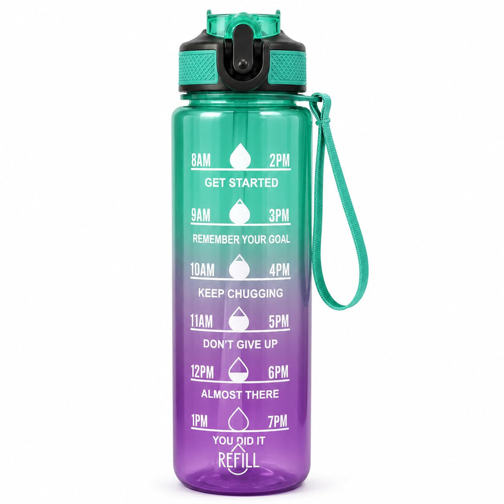 Water Bottle 1 L with Time Markings and Carry Handle, Leak-Resistant Reusable Sports Bottle for Gym, Fitness, Work, School, Travel and Outdoor Use, FL-1263, Green & Purple - image 1