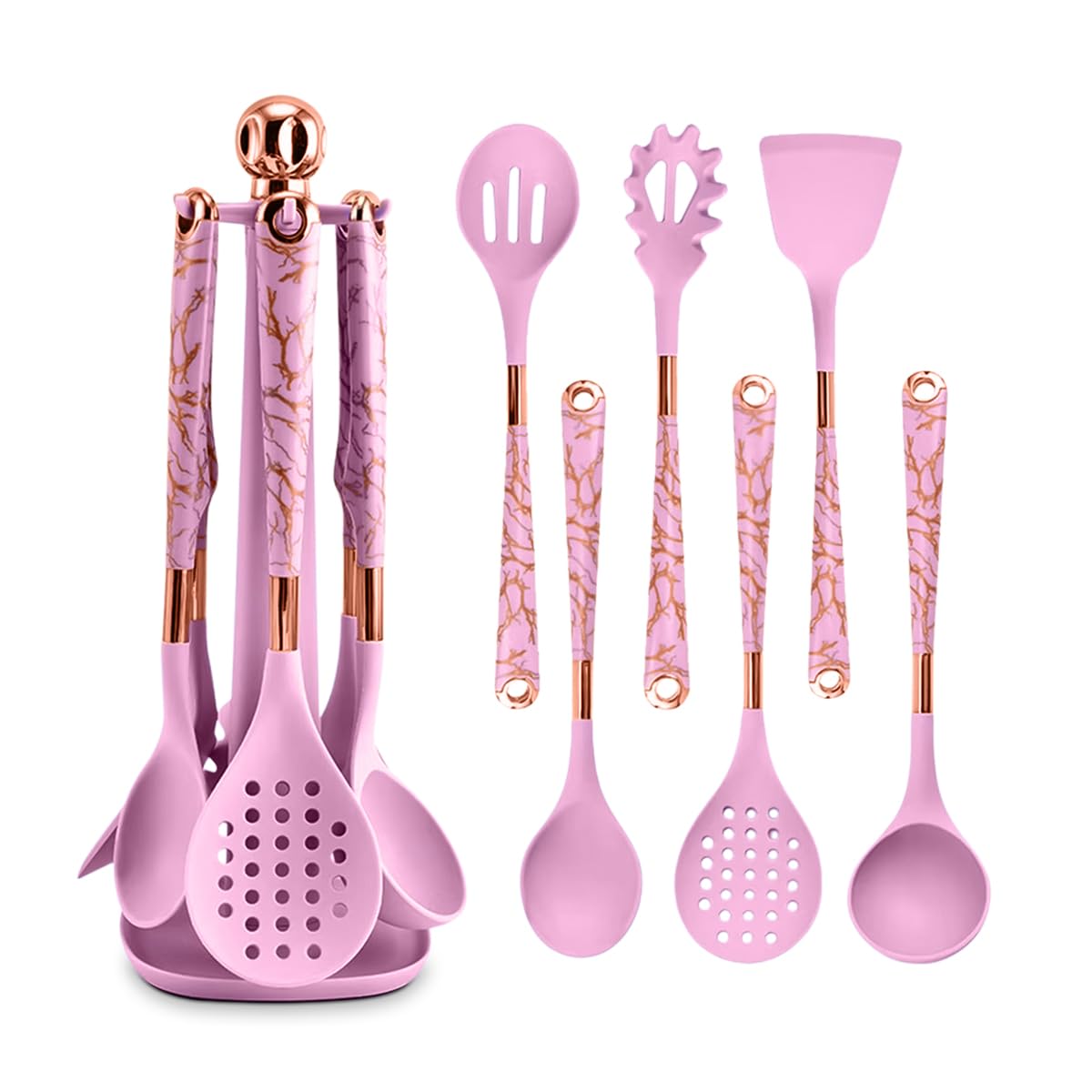 Silicone Cooking Utensils Set 7 Piece Non Stick Heat Resistant Kitchen Tools with Holder for Non Stick Cookware Modern Design (Pink) - image 1