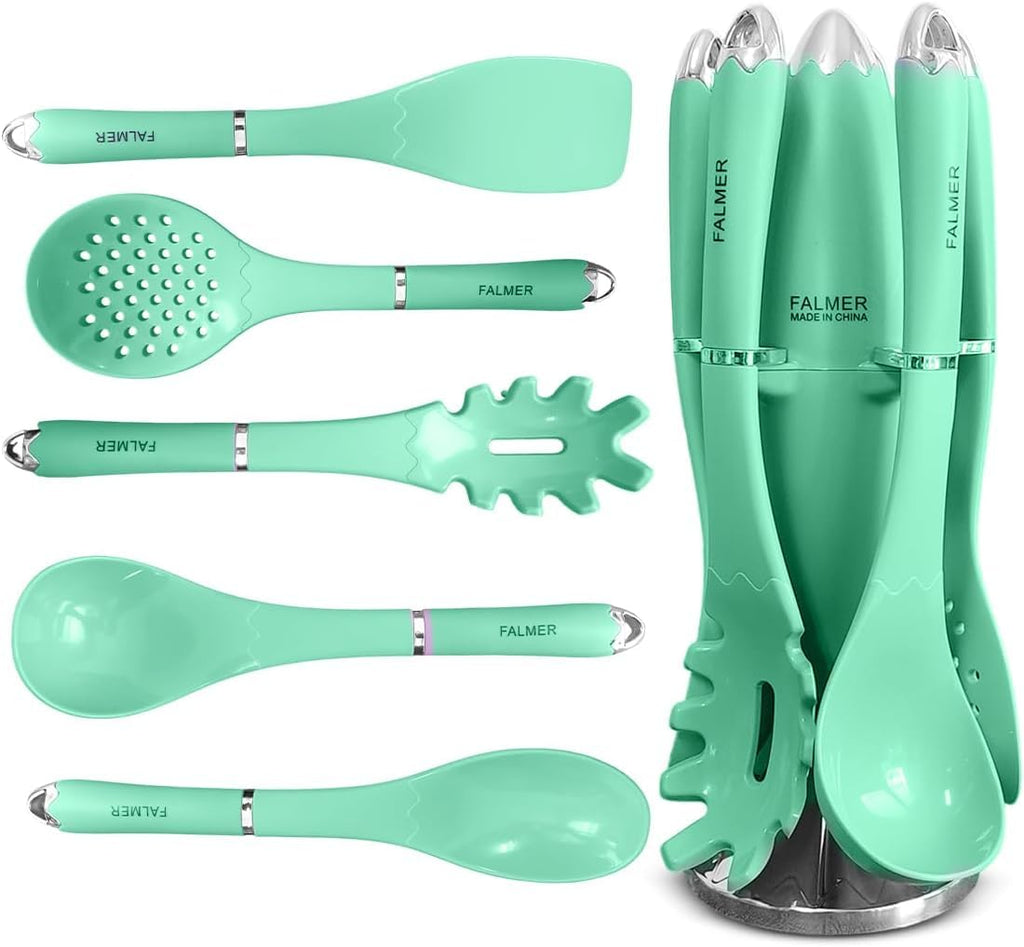 hanso Kitchen Utensils, Silicone Cooking Utensils Skimmer, Spoon, Pasta Server, Turner, and Stand Included! High-Quality, Durable, Food-Grade Silicon with Comfortable Handles, Set Of 6 PCS (Green) - image 1
