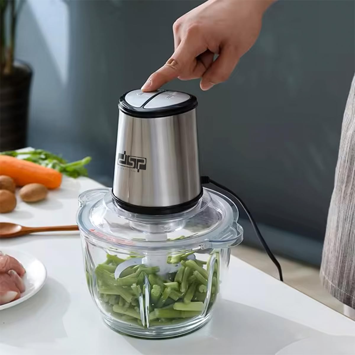 Electric Chopper 300W, 1.5L Glass Bowl Food Processor with 2 Speeds and Stainless Steel Blades for Meat, Vegetables, Onion and Garlic, Easy to Clean, KM4050 - image 7