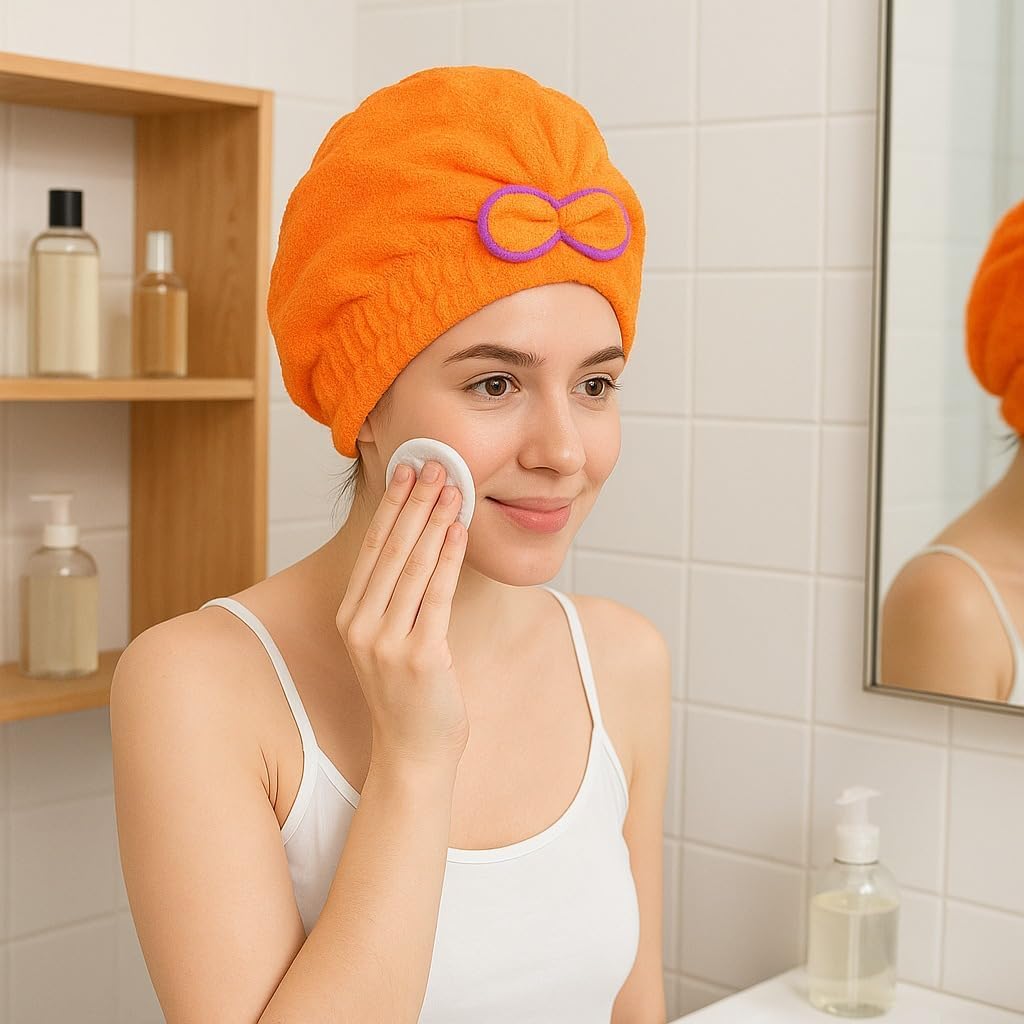 Microfiber Hair Towel Wrap, Quick-Dry Lightweight Turban with Button Loop for Wet, Curly and Long Hair, Soft Absorbent Head Towel Cap, Orange - image 5