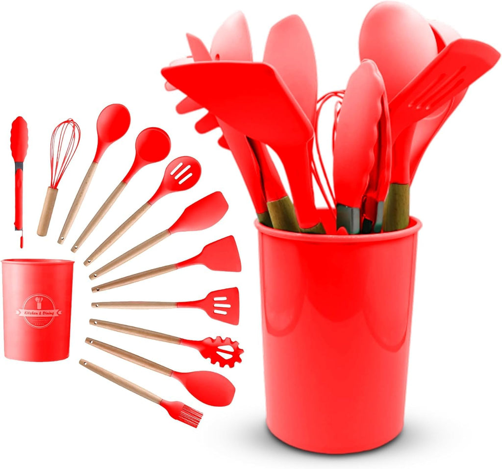hanso Kitchen Utensils, Silicone Cooking Utensils with Holder, Non-stick Cookware Friendly & Heat Resistant, Includes Spatula Tong Whisk Ladle Brush Slotted Turner Spoon (Red) - image 1