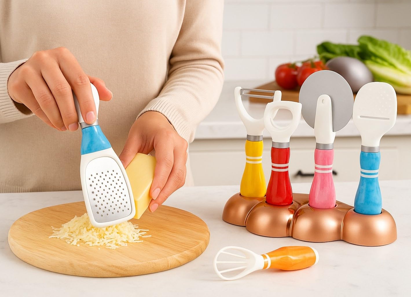 Kitchen Utensil Set 8 Pcs with Holder, Stainless Steel Cooking Tools with Peeler, Cheese Grater, Can Opener and Pizza Cutter for Food Preparation, Multicolor - image 4