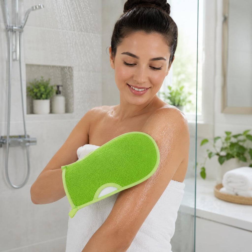 Exfoliating Glove, Body Loofah Bath Mitt with Hanging Loop, Soft Scrub Quick-Dry Wash Cloth for Men and Women, Shower and Daily Bath Care, B-618(Green) - image 7