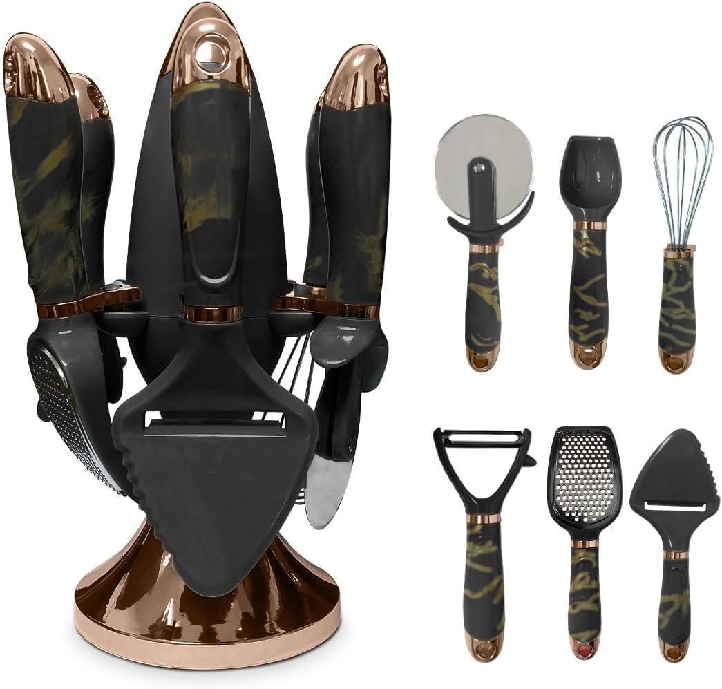 Kitchen Utensil Set 7 Pcs, Stainless Steel Cooking Tools with Holder, Whisk and Fine Grater, BPA-Free Easy-Clean Baking and Food Preparation Set (Black) - image 1