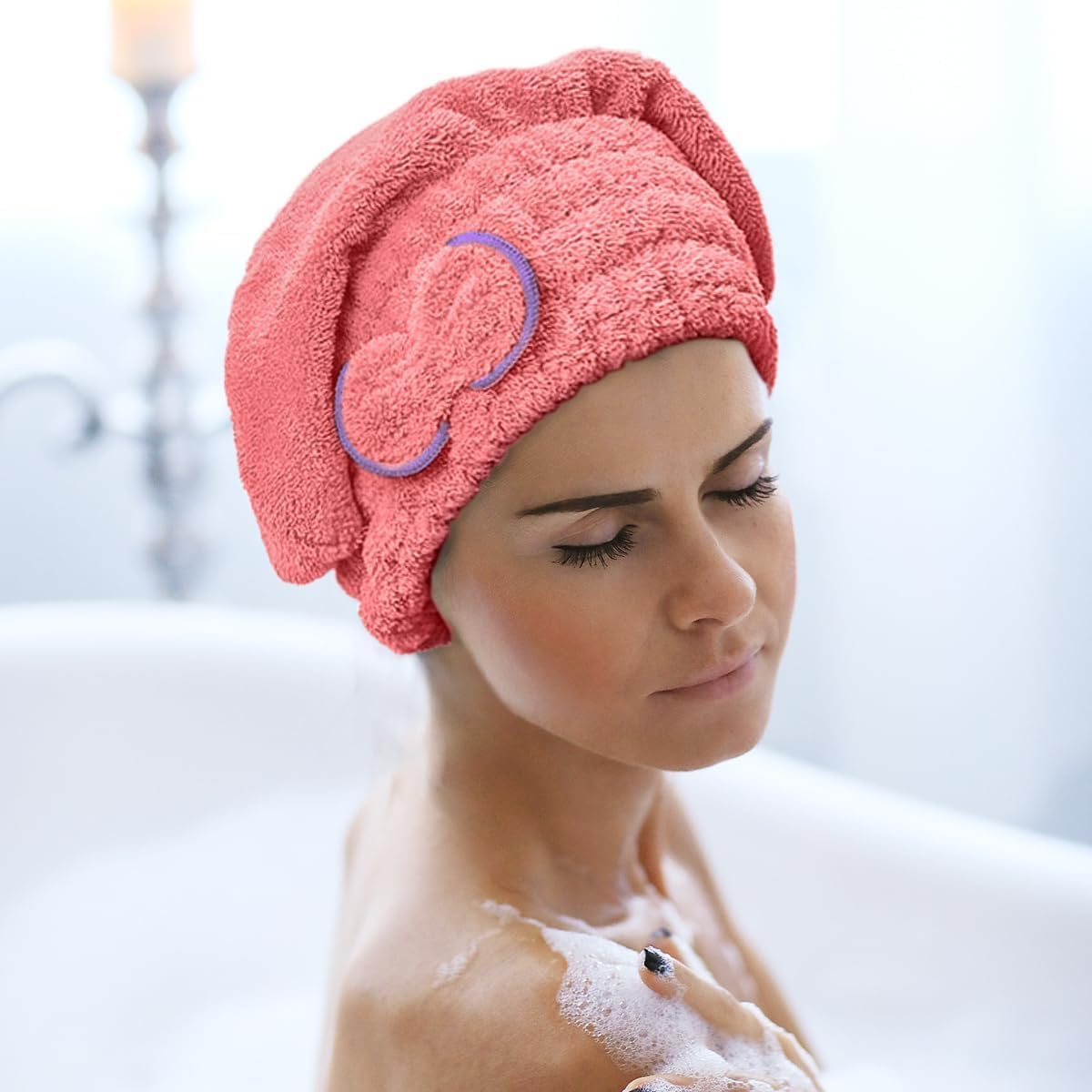Microfiber Hair Towel Wrap for Women, Quick-Dry Absorbent Hair Turban Cap for Wet, Long and Curly Hair, Machine Washable (Pink) - image 5