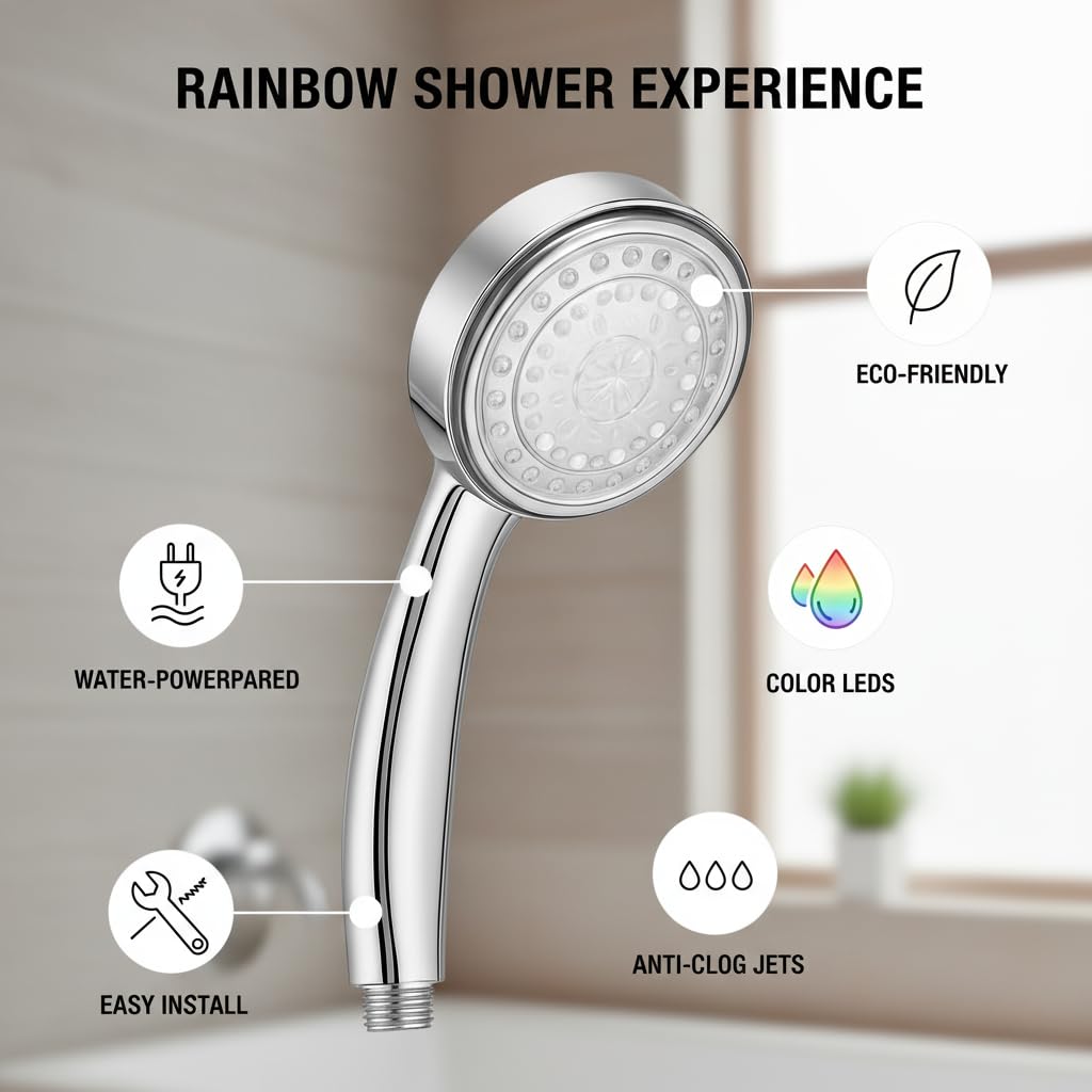 LED Shower Head Handheld Water Saving Color Changing with Filter, Hydro Powered Lights No Batteries for Bathroom Hand Shower - image 2