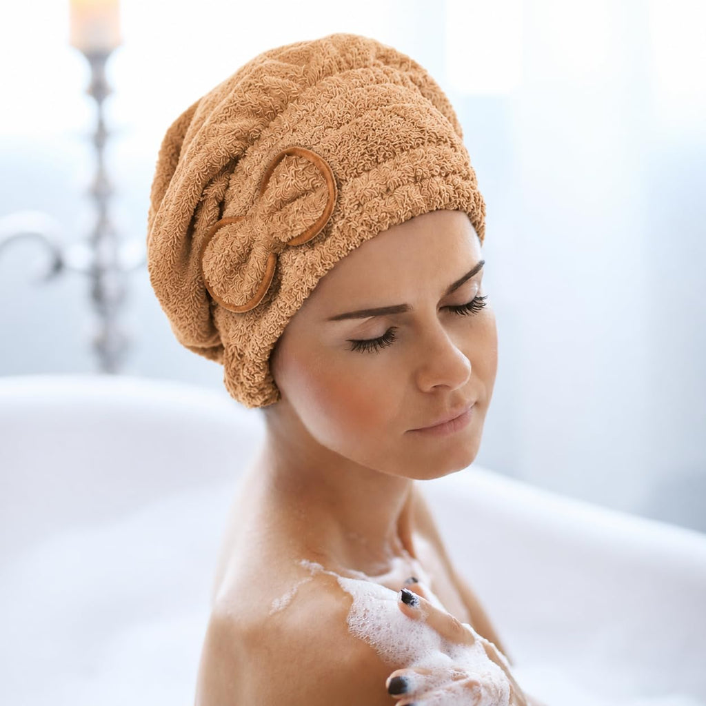 Hair Towel, Quick-Dry Microfiber Turban Cap for Wet and Curly Hair, Absorbent Lightweight Hair Drying Wrap for Women, 26 x 23 cm (Light Brown) - image 5