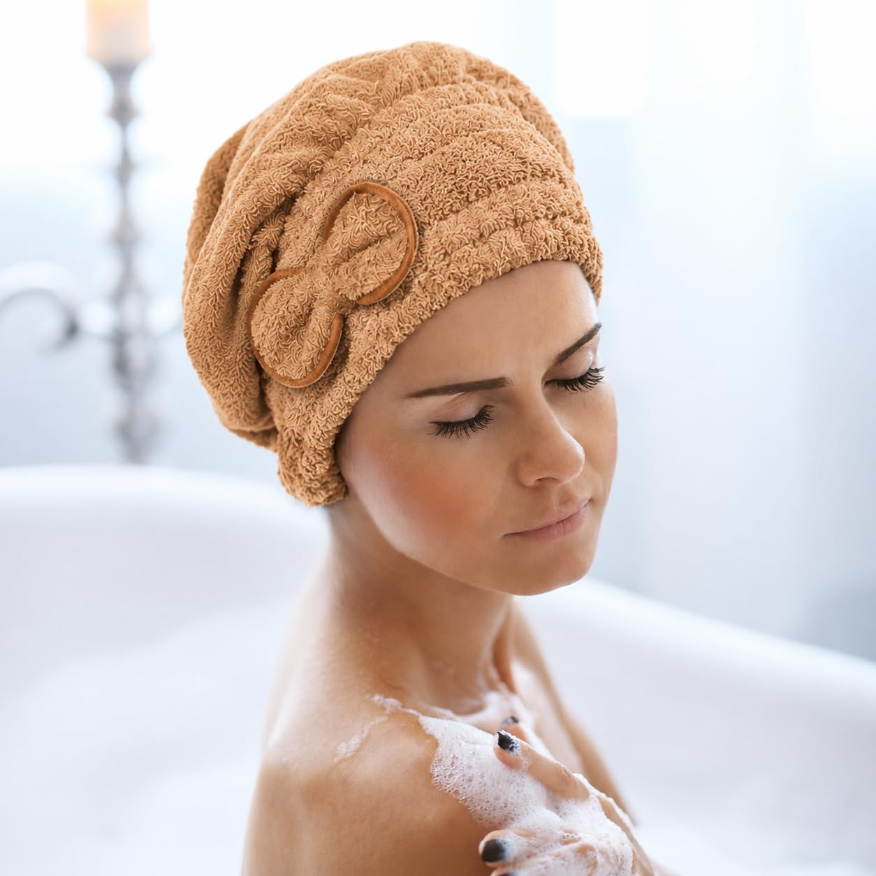 Hair Towel, Quick-Dry Microfiber Turban Cap for Wet and Curly Hair, Absorbent Lightweight Hair Drying Wrap for Women, 26 x 23 cm (Light Brown) - image 5