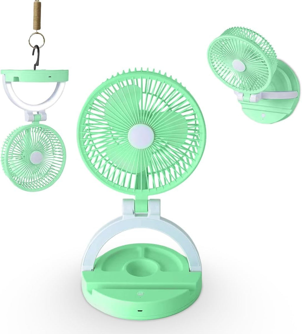 Portable Fan Rechargeable, Mini Folding Desk Fan with LED Light, USB Charging, 3 Speeds and Adjustable Stand for Home, Office, Travel and Camping (Green) - image 1