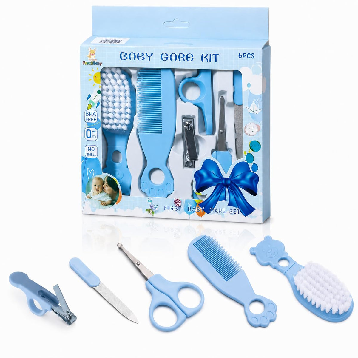 Baby Grooming Kit 6 Piece Newborn Nail Care Set with Nail Clipper Scissors Hair Brush and Comb, Infant Toddler Care Tools for Home Travel (Blue) - image 1