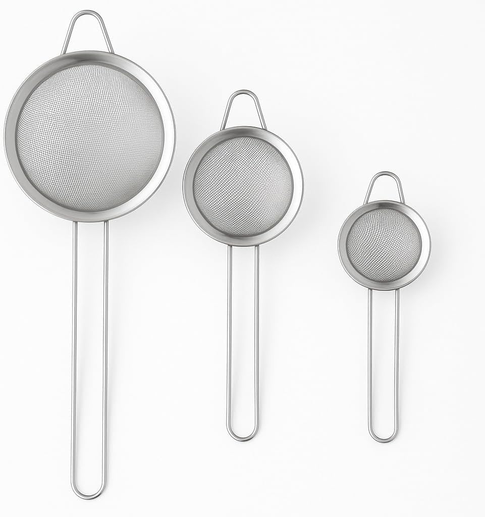 Fine Mesh Strainer Set, 3-Piece Stainless Steel Kitchen Sieves with Long Handles and Hanging Hooks for Tea, Juice, Flour, Baking and Food Straining, Silver - image 1