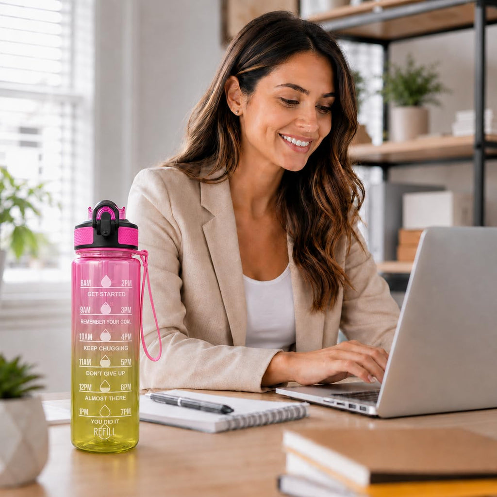 Water Bottle 1L with Time Markings and Carry Handle, Leak-Resistant Reusable Sports Bottle for Gym, Fitness, Work, School, Travel and Outdoor Use, FL-1263, Pink & Yellow - image 7