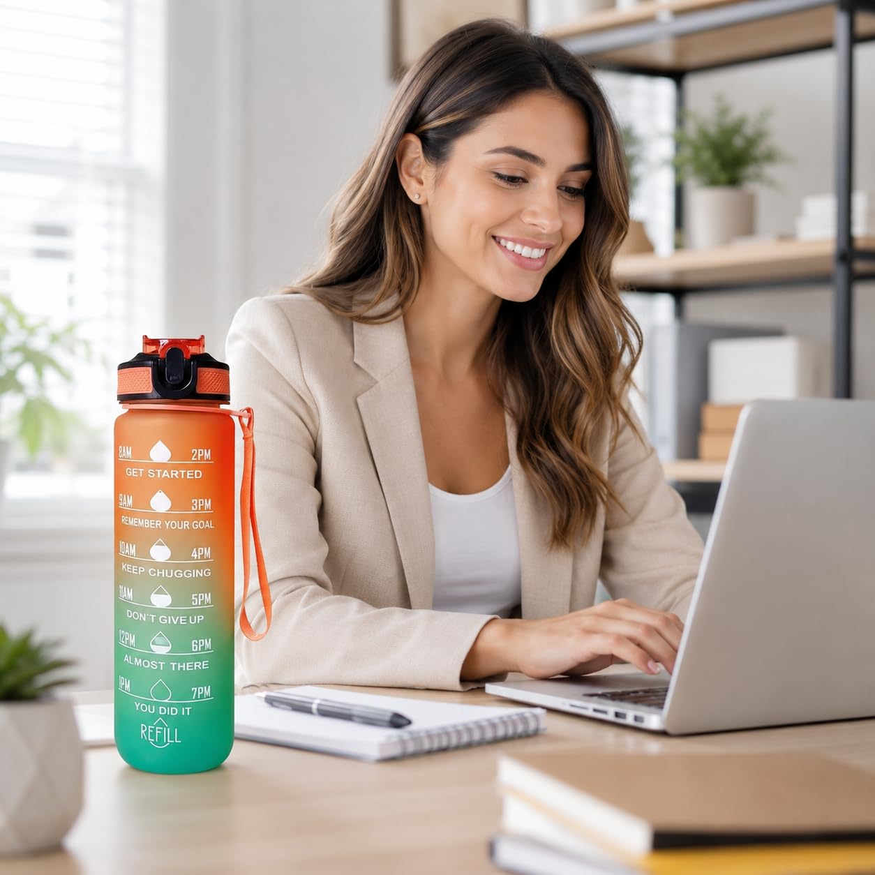 Water Bottle 1L with Time Markings and Carry Handle, Leak-Resistant Reusable Sports Drinking Bottle for Gym, Fitness, Work, School, Travel and Outdoor Use, FL-1, Orange & Blue - image 7