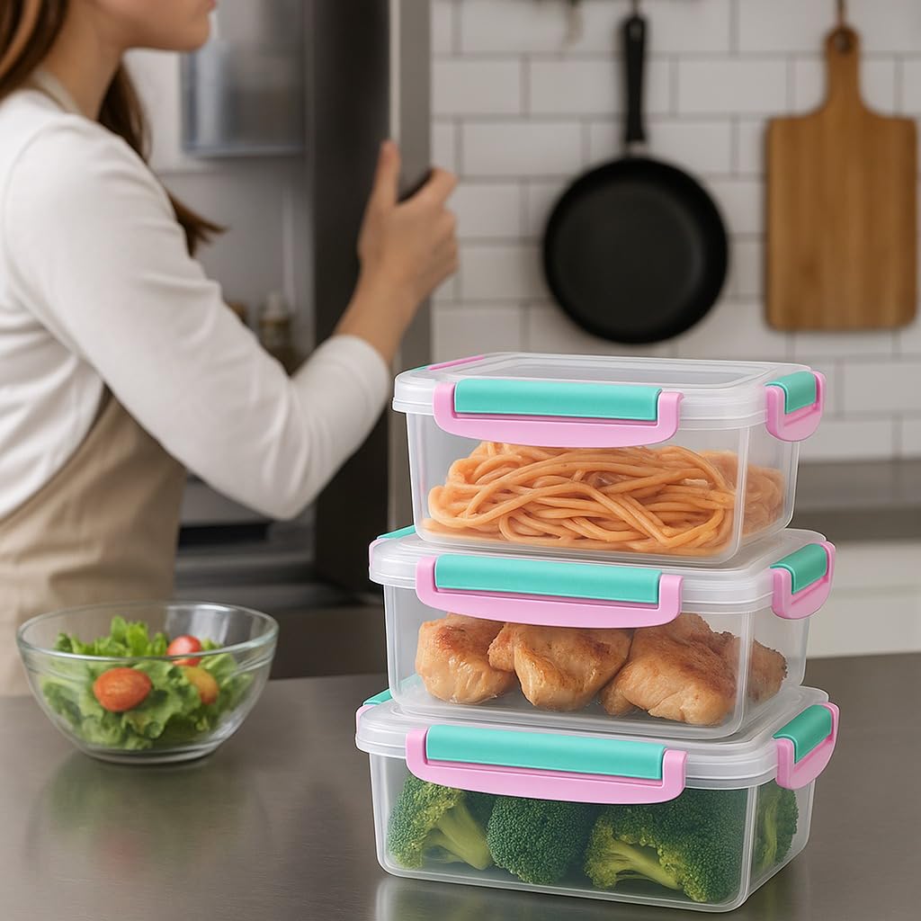 Food Storage Containers Set, 3 Pcs Refrigerator Crisper Box with Airtight Seal, Microwave and Dishwasher Safe, Leak Proof, Easy to Clean, Square Food Grade for Vegetables and Fruit (Pink) - image 4