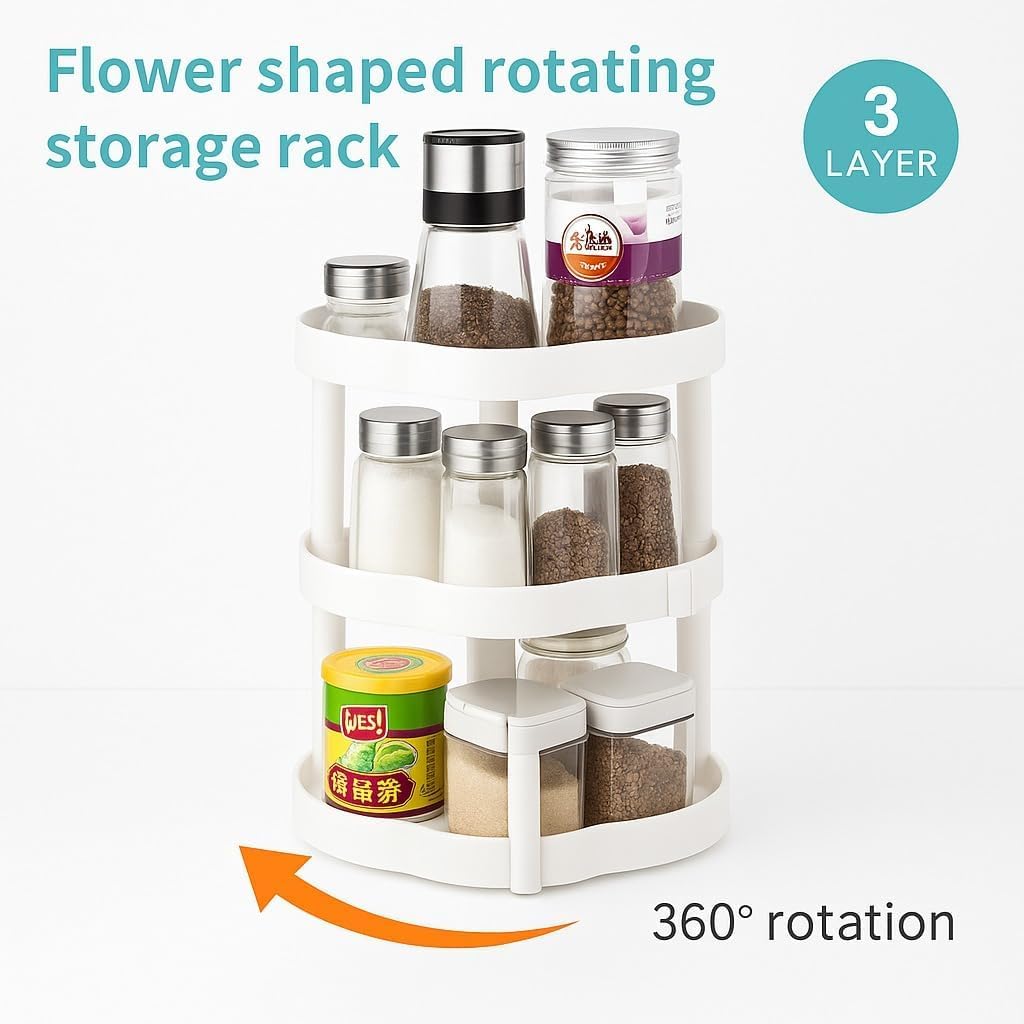 Spice Rack Organizer 3 Tier, 360° Rotating Lazy Susan Turntable, White Plastic Seasoning Holder for Kitchen Countertop, Cabinet and Pantry Storage - image 2