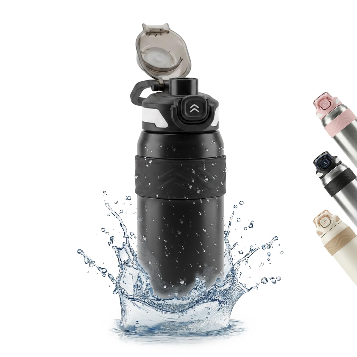 Water Bottle 600ml, Vacuum Insulated Stainless Steel Flask with Straw Lid, Carry Handle, Leakproof BPA-Free Travel Cup for Gym, Camping and Home, F-1542 (Black) - image 1