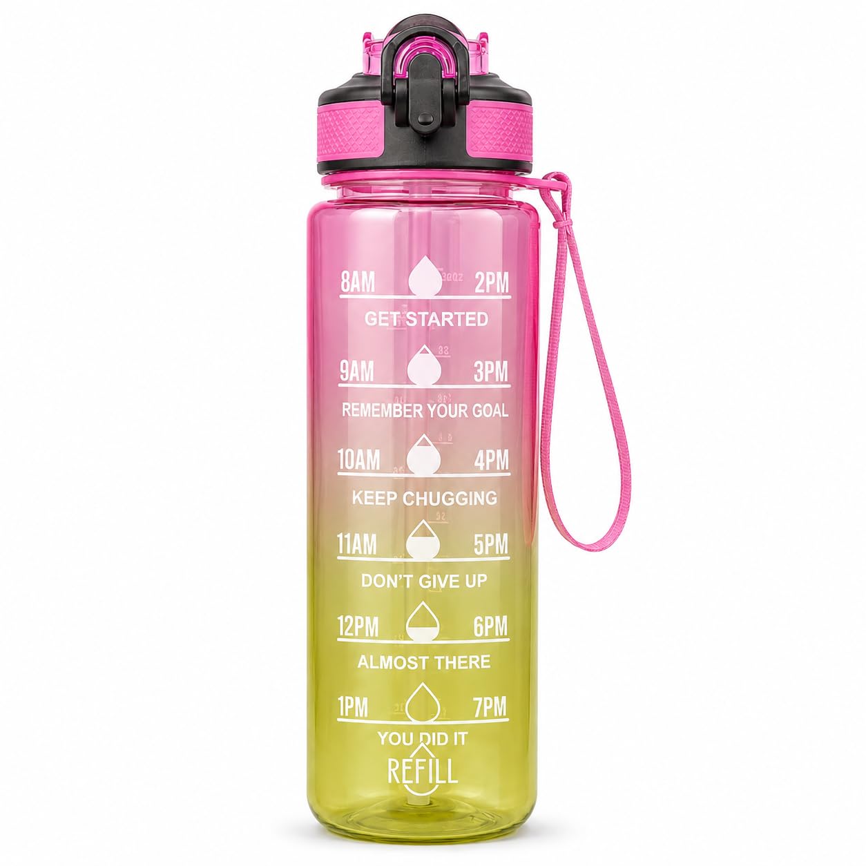 Water Bottle 1L with Time Markings and Carry Handle, Leak-Resistant Reusable Sports Bottle for Gym, Fitness, Work, School, Travel and Outdoor Use, FL-1263, Pink & Yellow - image 1