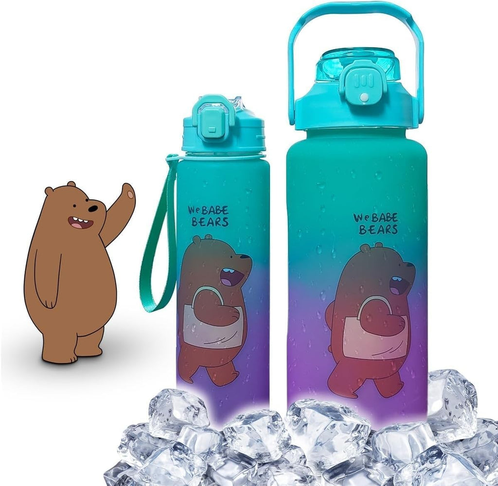 Water Bottle Set of 2, 2L and 800ml Sports Bottles with Straw, Time Marker and Leakproof Lid, Reusable for Gym, Travel, Office and Outdoor Use, Green Purple - image 1