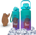 Water Bottle Set of 2, 2L and 800ml Sports Bottles with Straw, Time Marker and Leakproof Lid, Reusable for Gym, Travel, Office and Outdoor Use, Green Purple - image 1