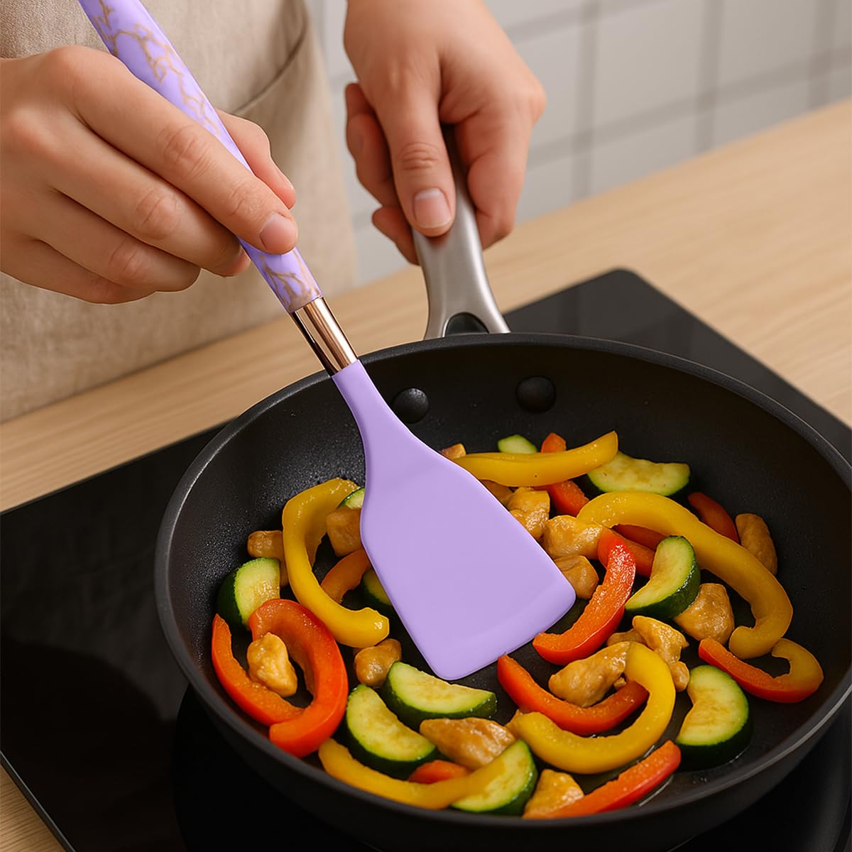 Silicone Cooking Utensils Set 7 Piece Heat Resistant Nonstick Kitchen Tools with Holder Spatula Ladle Slotted Spoon Turner Pasta Server Brush Modern Design Purple - image 6