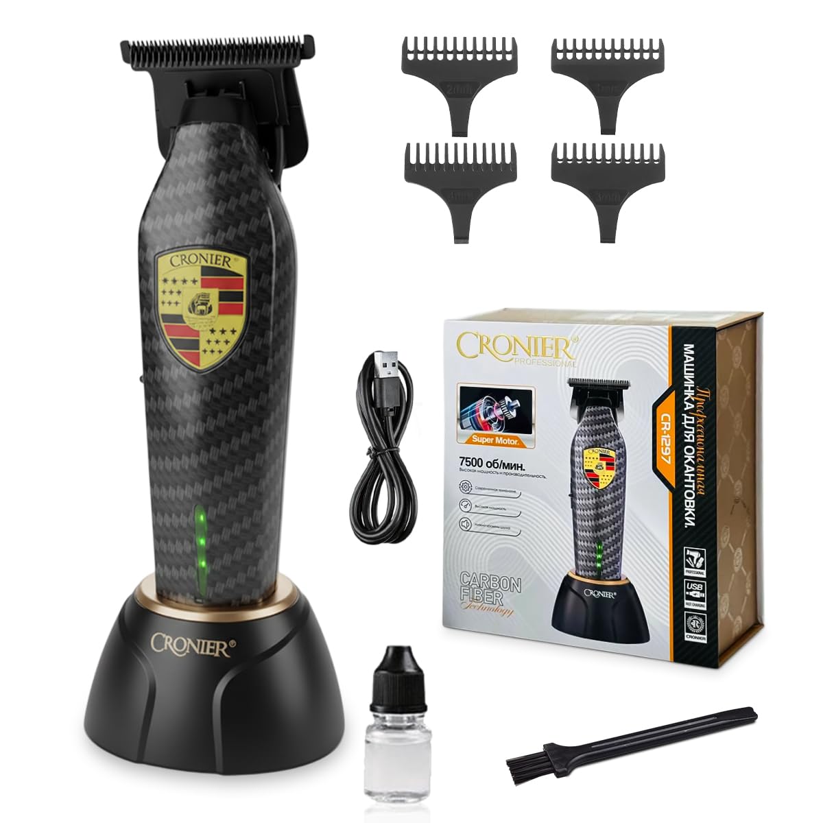 Hair Clipper and Beard Trimmer for Men Stainless Steel Blades 4 Combs 5W 750 RPM 120-Min Runtime Indicator Light Compact Home Travel Grooming CR-1297 - image 1