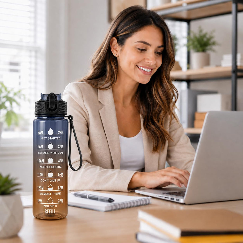 Water Bottle 1L with Time Markings and Carry Handle, Leak-Resistant Reusable Sports Bottle for Gym, Fitness, Work, School, Travel and Outdoor Use, FL-1263, Black & Orange - image 7