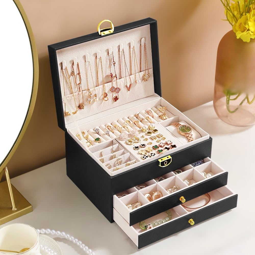Accessories Organizer for Women, Travel Jewelry Box, 3-Layer Locking Jewelry Storage Case for Earrings, Bracelets, Rings, Watches, Brown - image 5