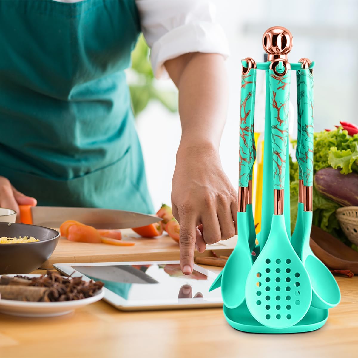 Silicone Cooking Utensils Set 7 Piece Non Stick Heat Resistant Kitchen Tools with Holder for Non Stick Cookware Modern Design (Green) - image 7