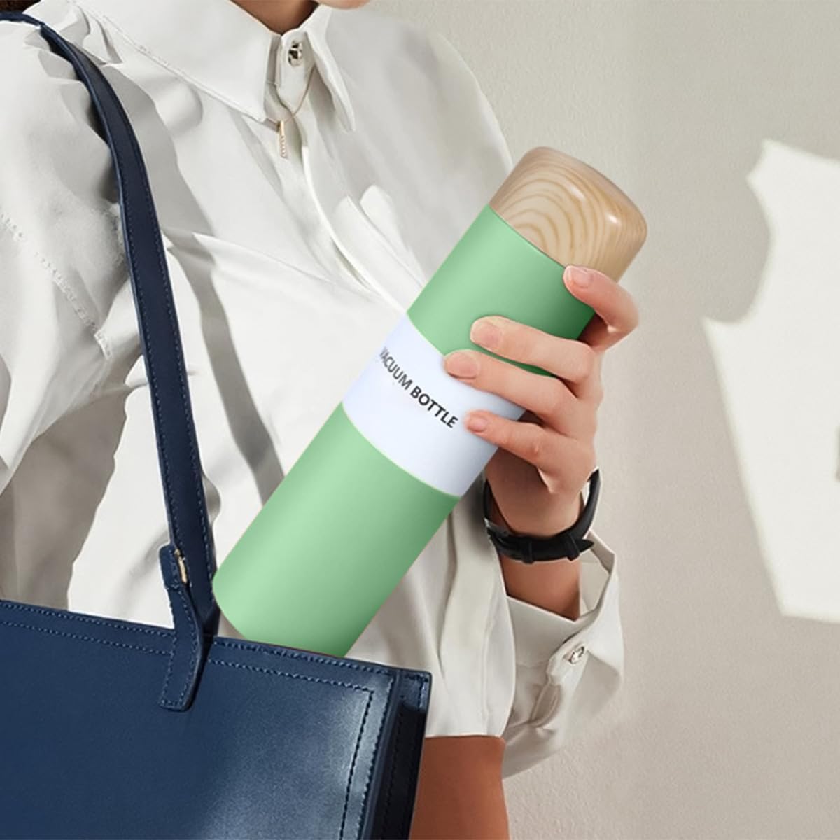 Water Bottle 250 ml, Vacuum Insulated Slim Stainless Steel Travel Mug with Leakproof Lid, Pocket Thermos for Coffee, Tea, Hot and Cold Drinks, Wood Grain Design (Light Green) - image 7