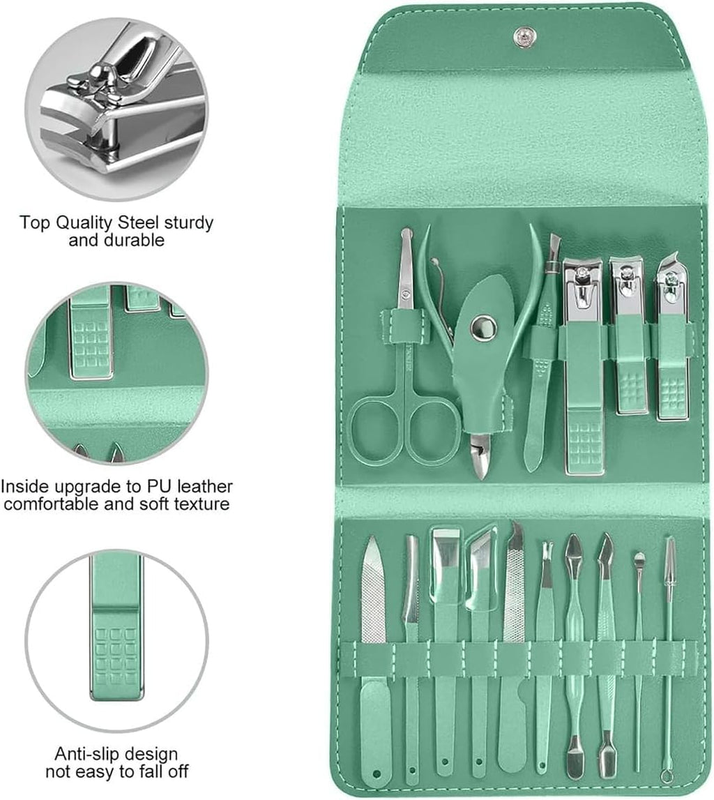 Manicure Set 16 Pcs, Stainless Steel Nail Clippers Pedicure Grooming Kit with Fingernail and Toenail Cutters, Cuticle, Eyebrow and Ear Care Tools, Portable Travel Case for Men and Women (Green) - image 4