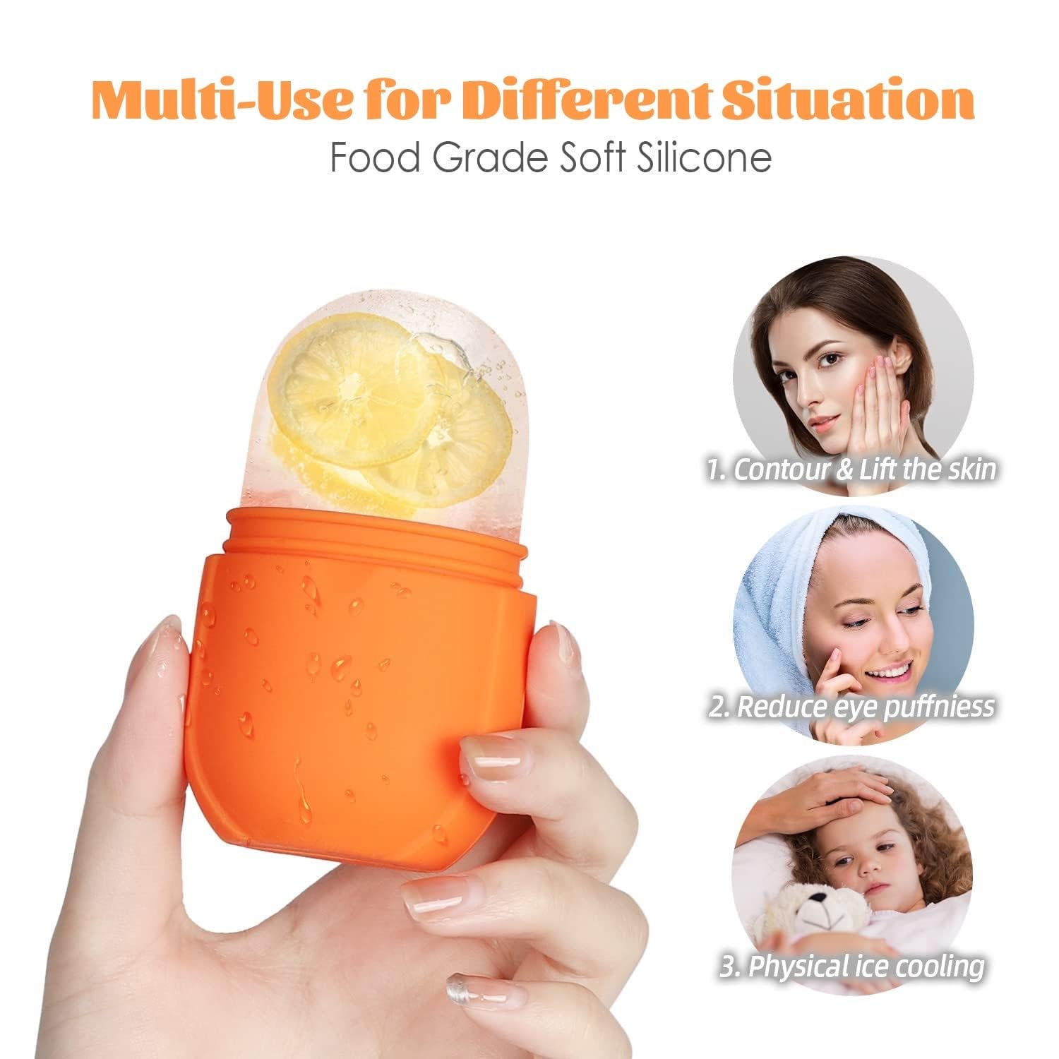 Ice Roller for Face and Eyes, Reusable Silicone Cooling Facial Massage Stick for Skincare, Under-Eye and Neck Care, Portable Beauty Tool, Orange - image 2