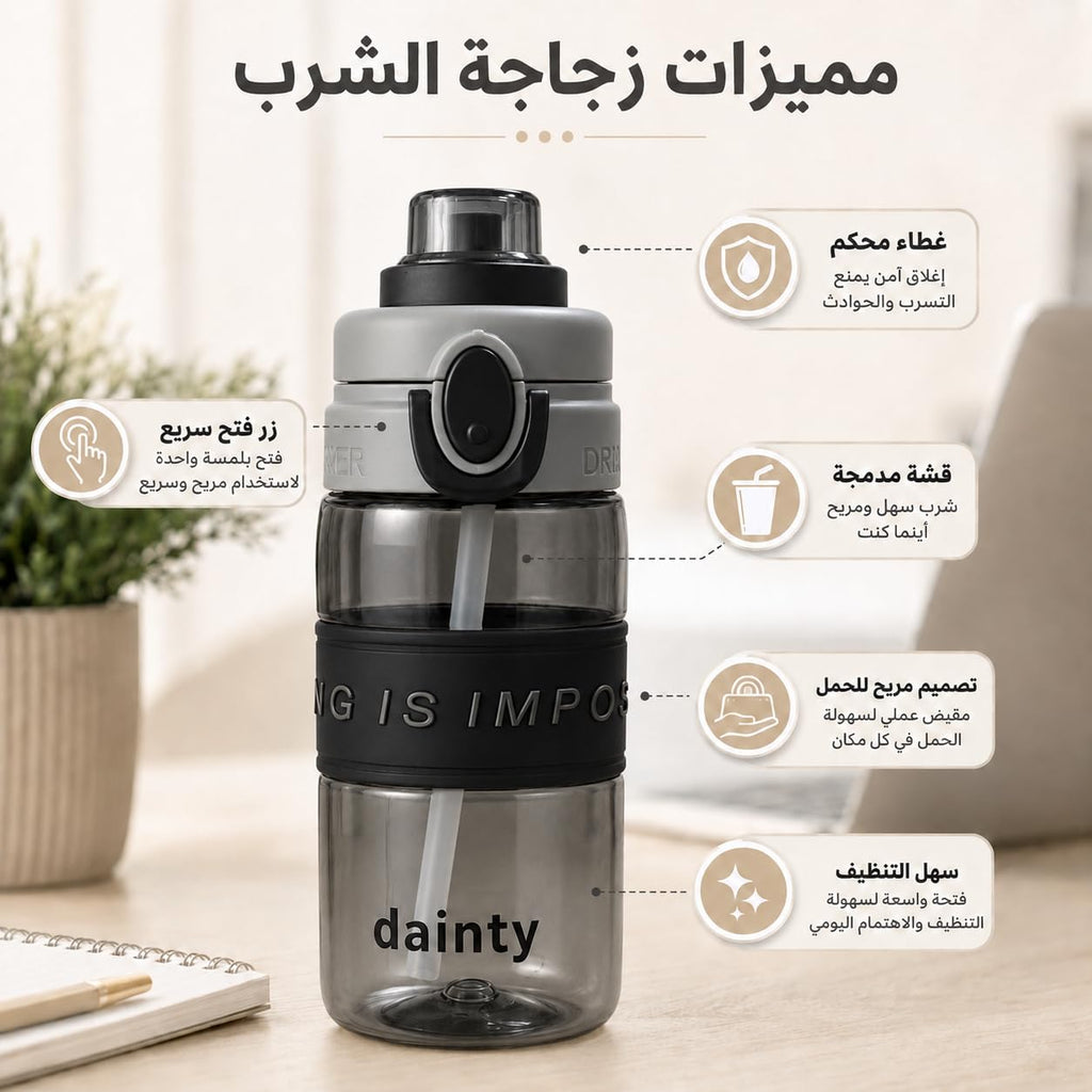 Water Bottle 500ml with Straw, BPA-Free Lightweight Plastic Sports Bottle with Leak-Resistant Lid for School, Gym, Fitness, Outdoor and Travel, FL-1315, Grey - image 2