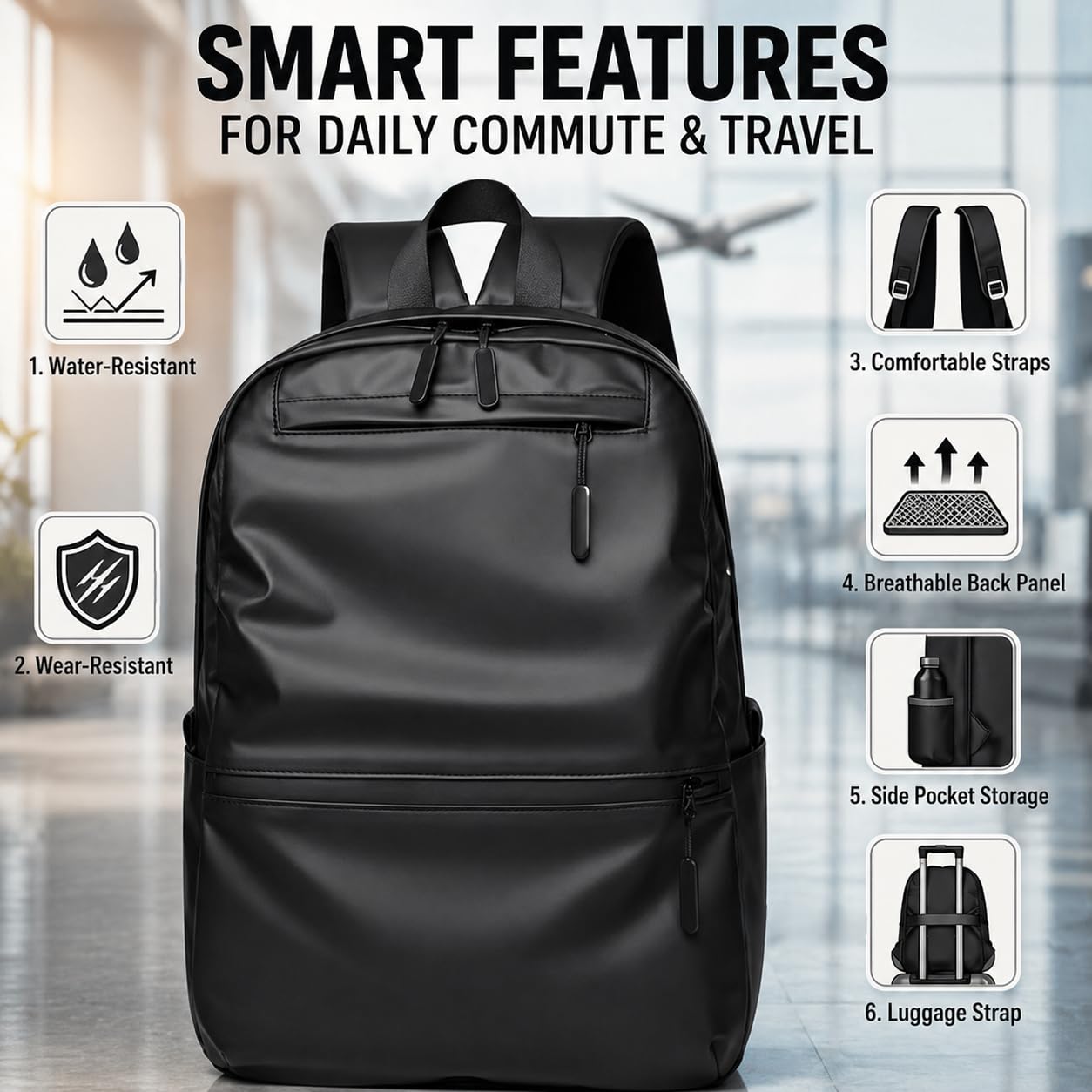 Laptop Backpack 15L with USB Charging Port, Lightweight Water-Resistant Nylon Travel Bag with Multiple Pockets, Adjustable Breathable Straps for Work and Daily Use, Black - image 2