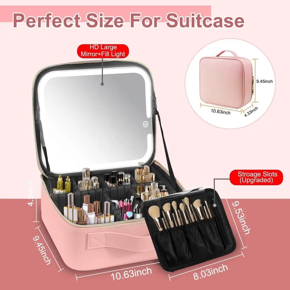 Makeup Bag with LED Mirror, Travel Cosmetic Case with 3 Light Modes, Adjustable Dividers, Brush Slots and Water-Resistant Organizer for Women and Girls, X-494 (Pink) - image 3