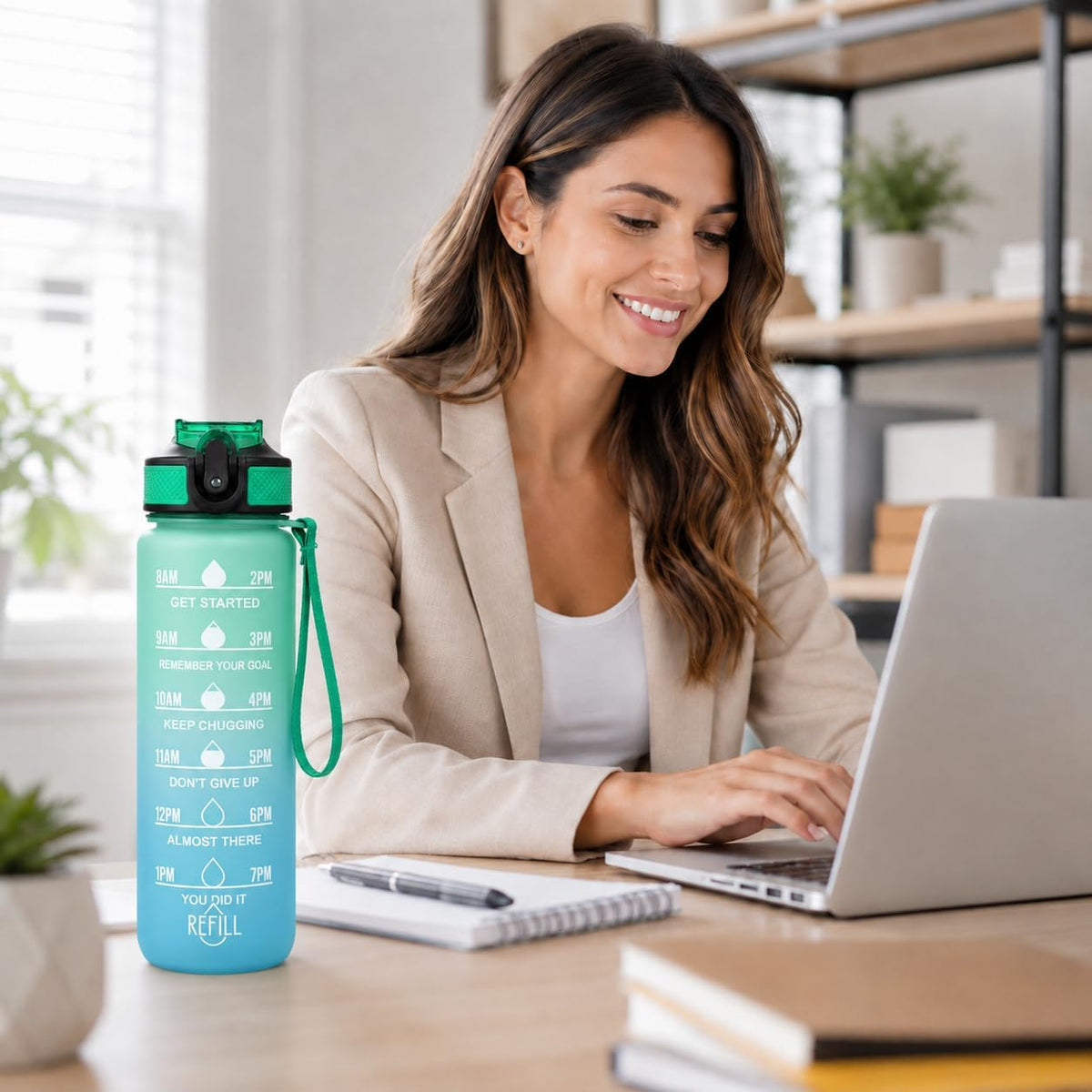 Water Bottle 1L with Time Markings and Carry Handle, Leak-Resistant Reusable Sports Drinking Bottle for Gym, Fitness, Work, School, Travel and Outdoor Use, FL-1 (Green & Blue) - image 6