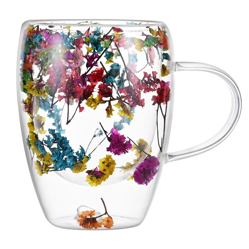 Coffee Mug 350ml, Double Wall Borosilicate Glass Cup with Handle and Dried Flower Decoration for Tea, Cappuccino, Espresso, Juice, Hot and Cold Drinks, Home and Office - image 1