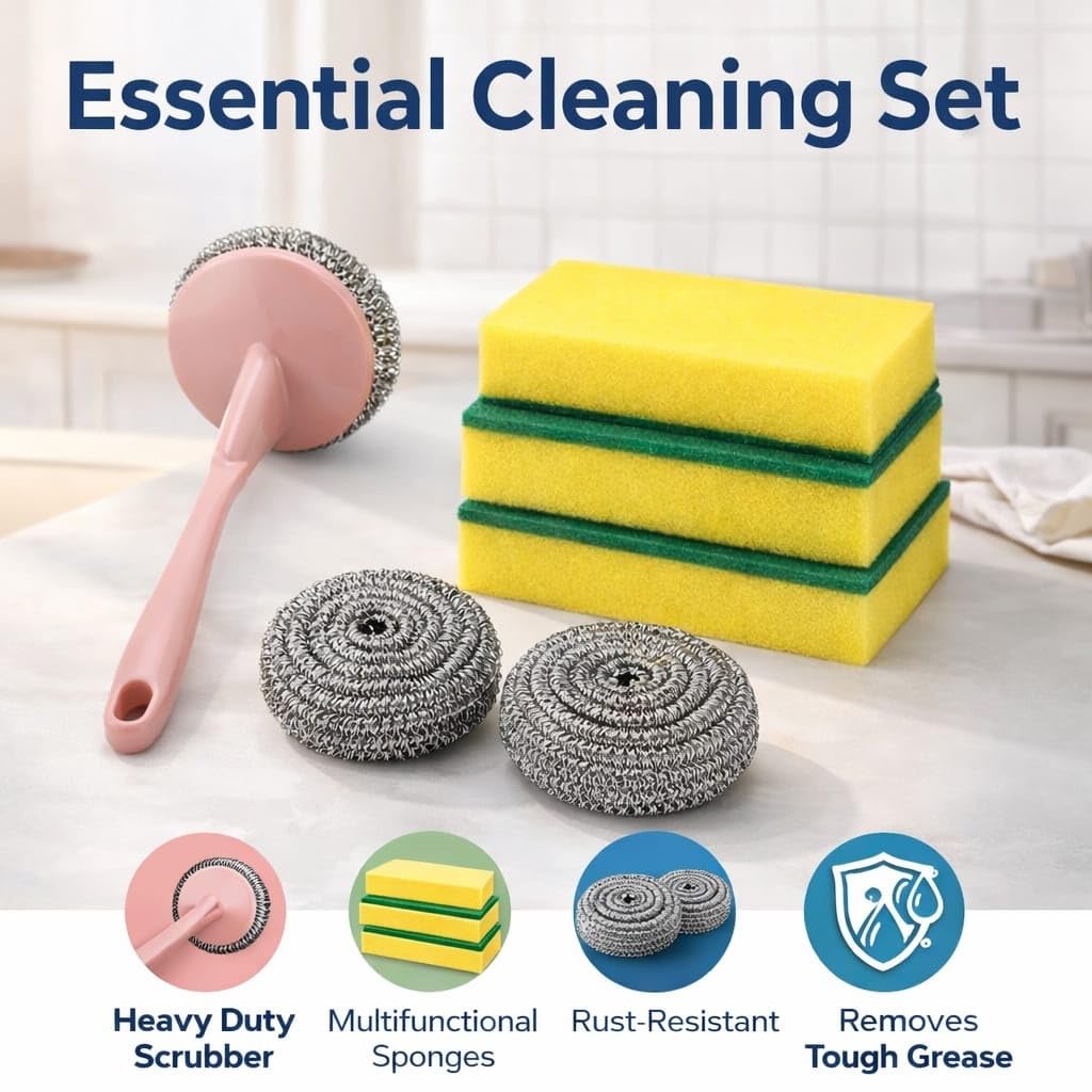 Dish Scrubber with Long Handle, 6-Piece Stainless Steel Scrub Sponge Set, Durable Pot and Pan Cleaning Brush with ABS Grip for Kitchen Dishwashing, Pink - image 2
