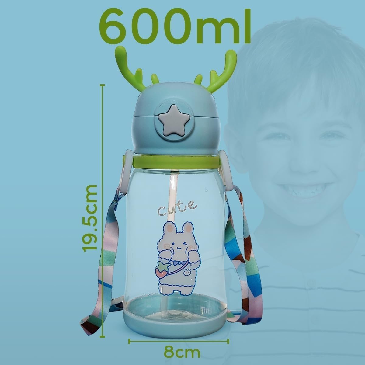 Water Bottle With Straw And Strap 600 ml Leak Proof Bpa Free Plastic Drinking Cup For School Sports Travel Durable Reusable Design (Blue) - image 5