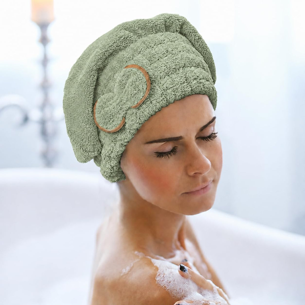 Hair Drying Towel - Microfiber Quick Dry Turban Cap for Wet & Curly Hair, Heat Protection Lightweight Soft Bath Wrap for Women & Girls Salon (Light Green) - image 6