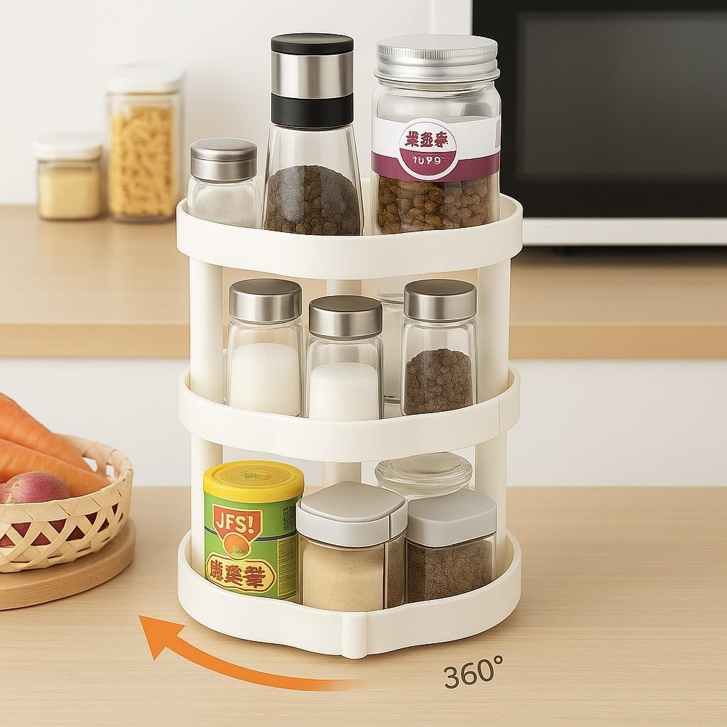 Spice Rack Organizer, 3-Tier 360° Rotating Lazy Susan Turntable, Space-Saving Plastic Storage Holder for Kitchen Countertop, Cabinet, Pantry, Fridge and Bathroom, White - image 2