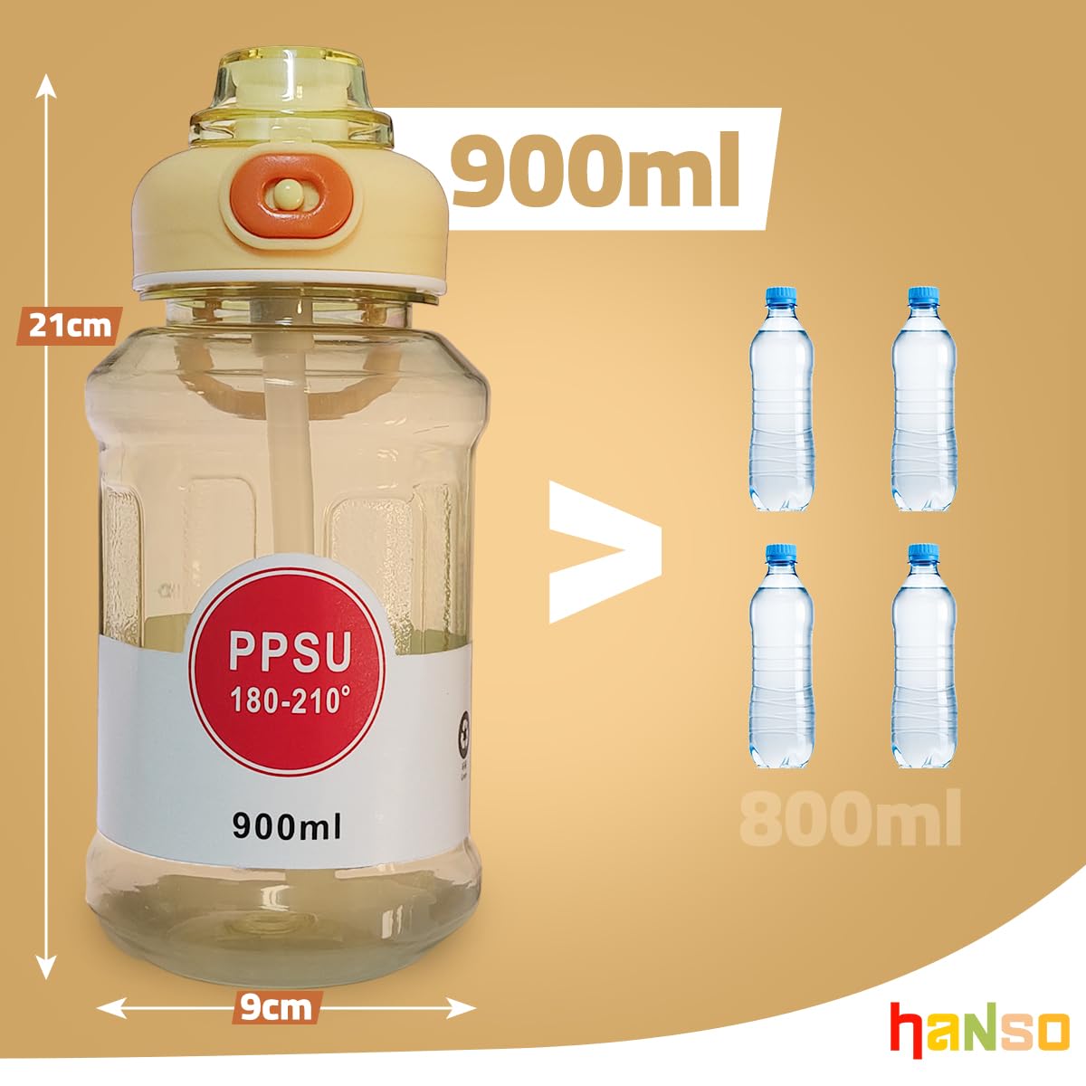Water Bottle 900 ml with Straw and Carry Strap, BPA-Free Leakproof Sports Bottle with Flip-Top Lid for Gym, Fitness, School, Travel and Outdoor Use, Yellow - image 3