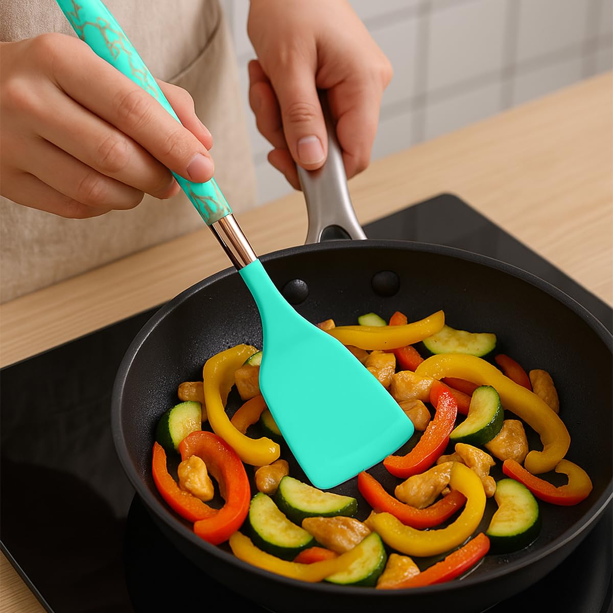 Silicone Cooking Utensils Set 7 Piece Non Stick Heat Resistant Kitchen Tools with Holder for Non Stick Cookware Modern Design (Green) - image 6