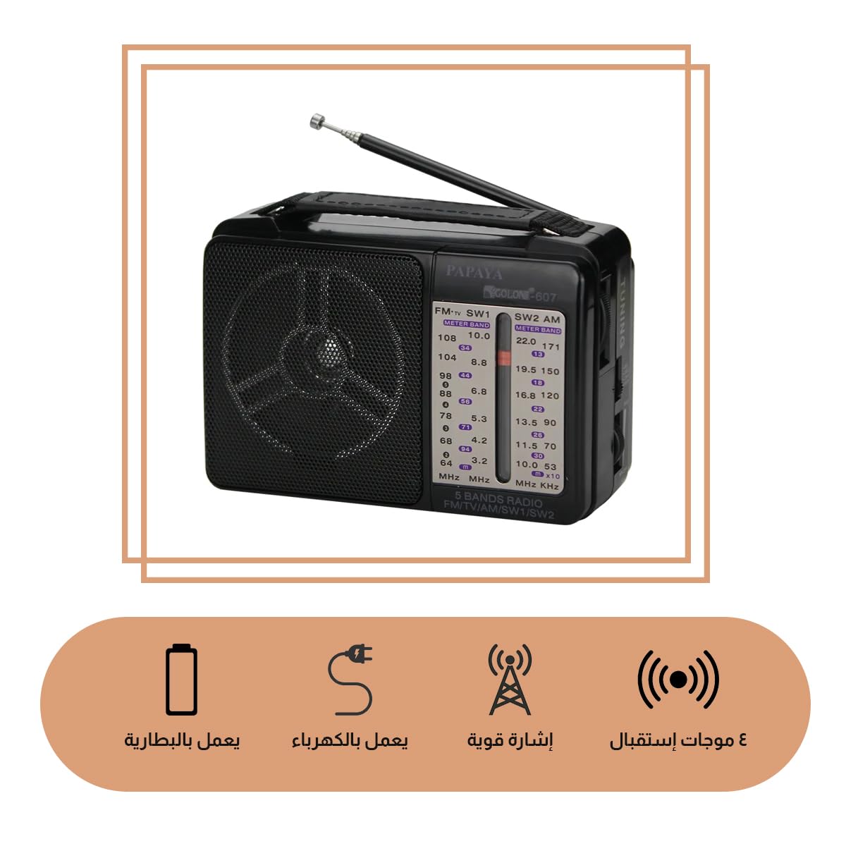 Portable Radio, FM AM SW Multi Band Transistor Radio with High-Sensitivity Reception, Built-In Speaker and Precise Tuning Knob for Home and Travel, Model 607, Black - image 2