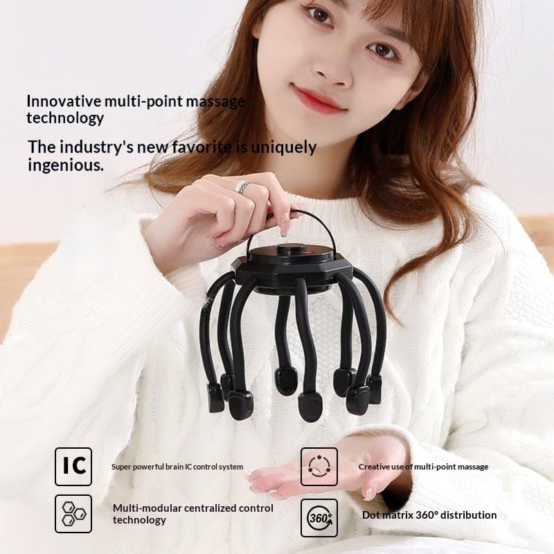 Electric Head Massager, Scalp Massage Tool with 3 Vibration Modes and 8 Flexible Claws, Lightweight ABS Portable Head Scratcher for Home, Office and Travel, LM-080 (Black) - image 2