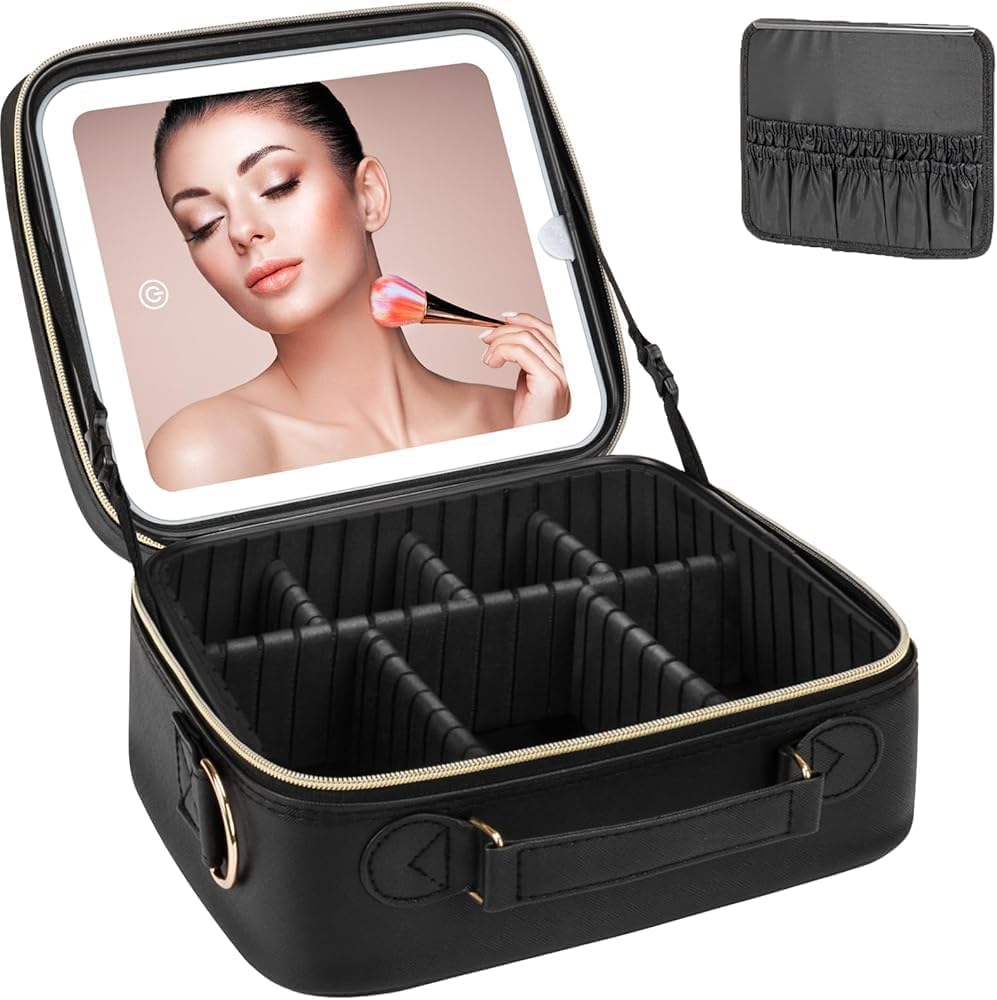 Makeup bag organizer Travel Makeup Case with LED Mirror, Travel Cosmetic Case with 3 Light Modes, Adjustable Dividers, Waterproof Organizer Box with Brush Slots for Women and Girls, X-595 (Black) - image 1