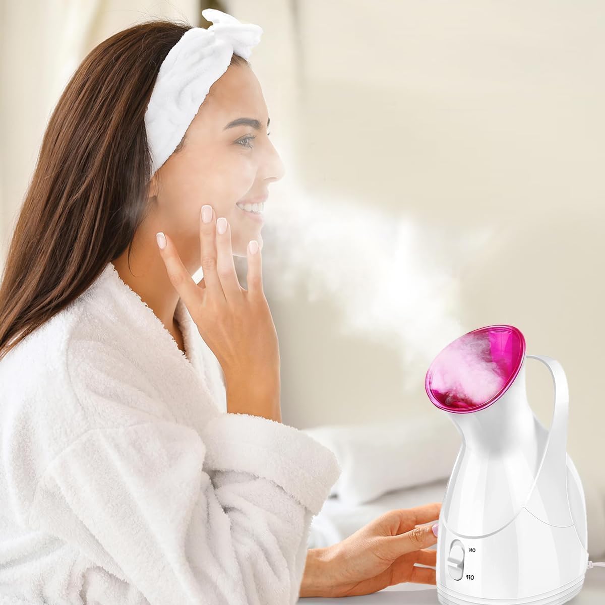Facial Steamer 280W, Nano Ionic Face and Hair Steamer with Warm Mist, Corded Home Spa Device for Cleansing, Moisturizing and Skincare Routine, HG-608 (White) - image 7