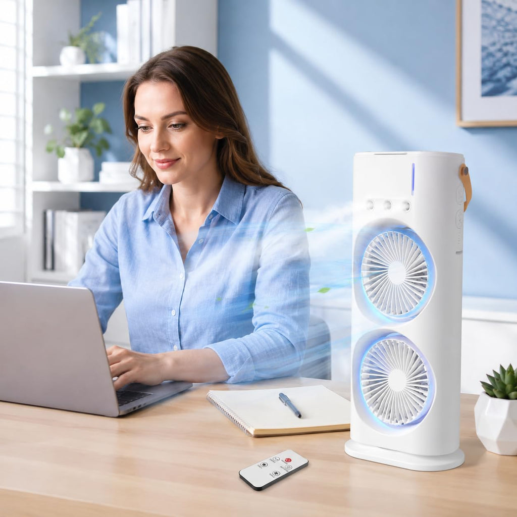 Desk Fan with Mist Spray, Portable USB Rechargeable Double Head Cooling Fan, 3 Speeds, Adjustable Angle and Remote Control for Home, Office and Travel, T-559 - image 6