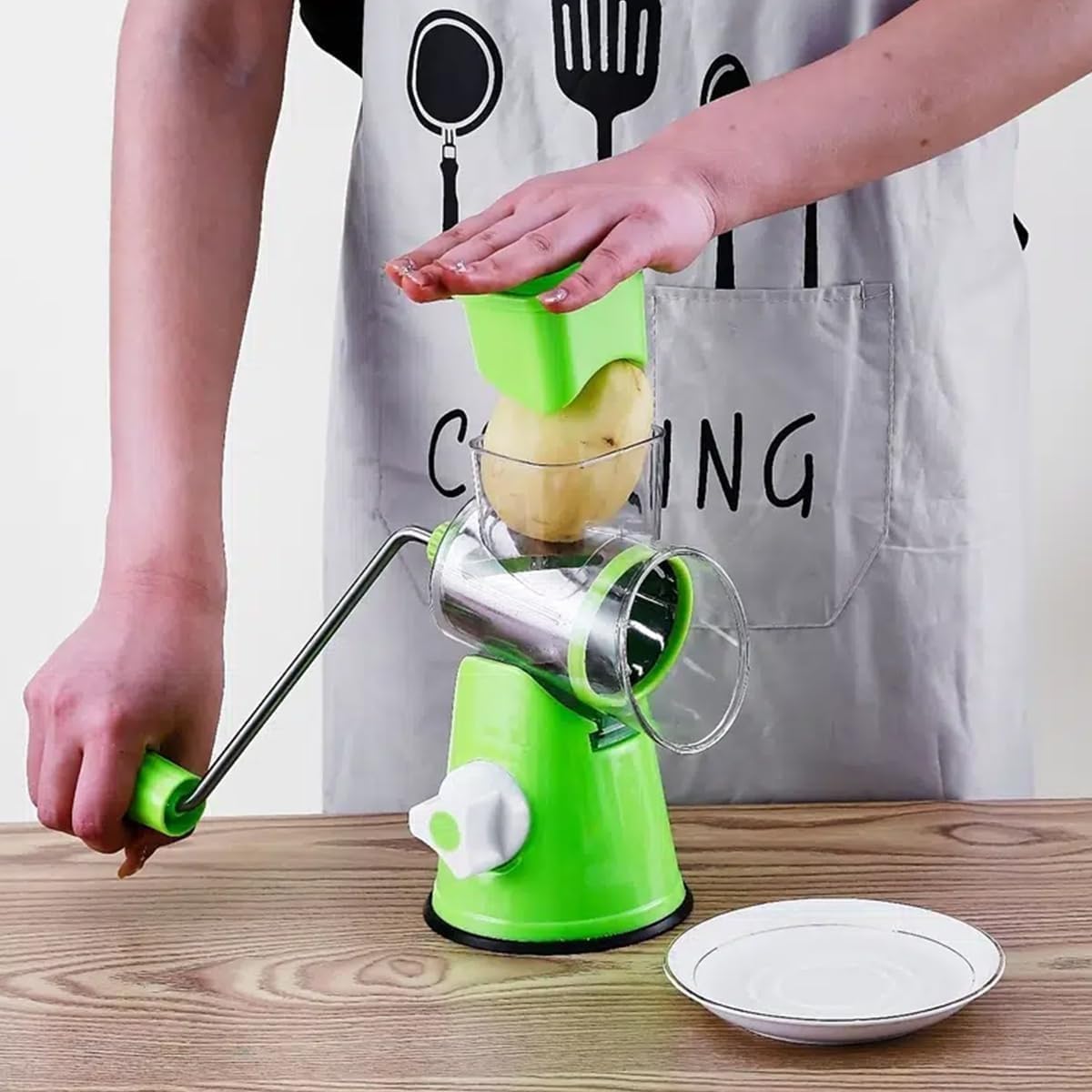 Vegetable Slicer, Manual Rotary Drum Grater with Interchangeable Blades, Hand Crank and Non-Slip Suction Base for Cheese, Carrot, Cucumber and Salad, Green - image 1