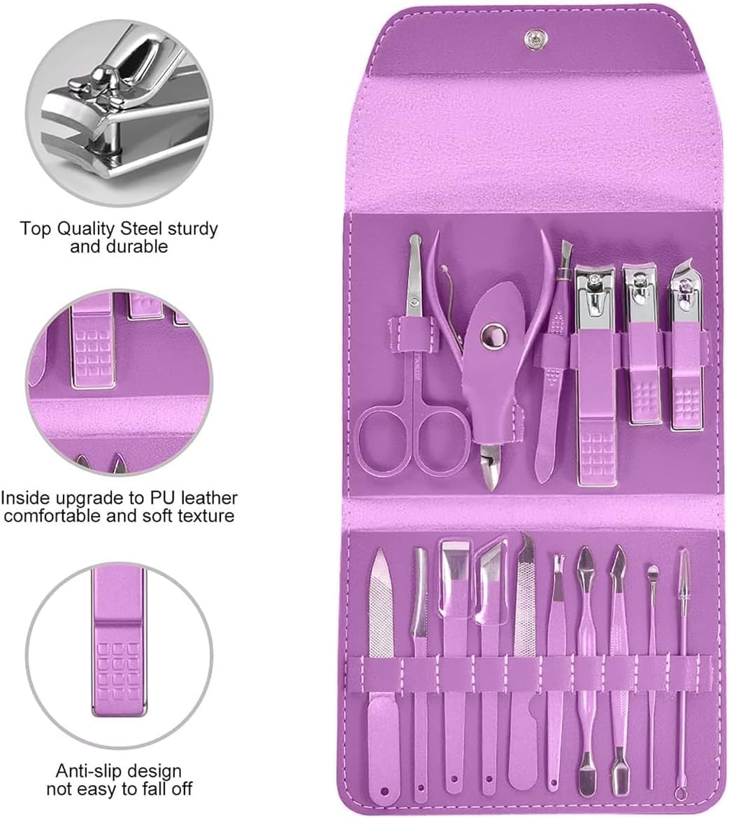 Manicure Set 16 Pieces, Stainless Steel Nail Clipper and Pedicure Kit for Fingernails, Toenails, Brows and Personal Grooming, Purple, for Men and Women (Purple) - image 4